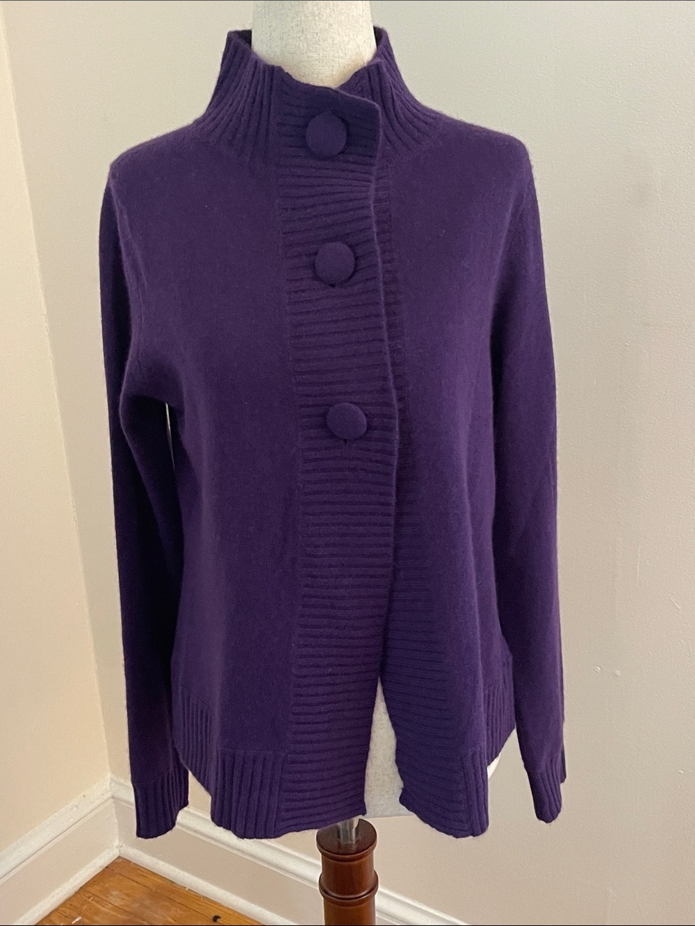 Madison Cashmere 100% Cashmere Purple Button Cardigan Sweater Mock Neck Size S
